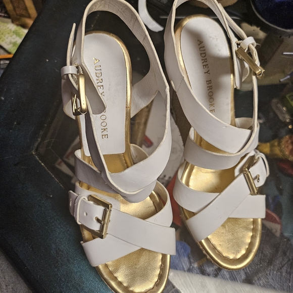 Audrey Brooke White and Gold Wedge Sandals - Picture 3 of 3